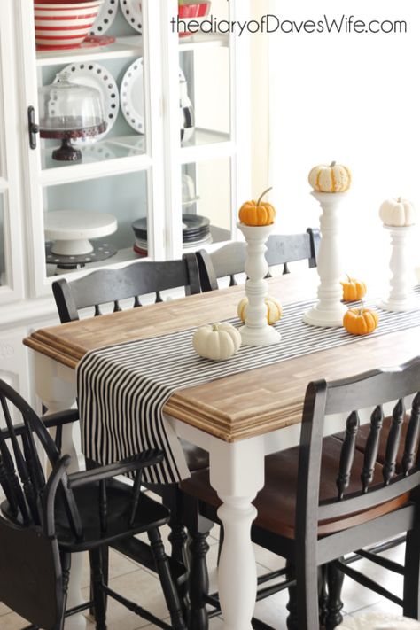 farmhouse-table-after-dark chairs, two tone table Farmhouse Table Makeover, Dining Table Redo, Two Tone Table, Americana Decor, Table Makeover, Fall Ideas, Fall Decor Diy, Farmhouse Table, Rustic Dining Table