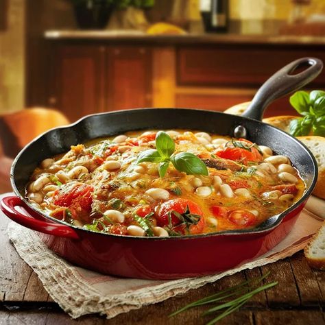 Creamy Tuscan White Bean Skillet: A Rustic Italian Feast Creamy Tuscan White Bean Skillet, Tuscan White Bean Skillet, White Bean Skillet, Tuscan White Bean, Charro Beans, Italian Feast, White Bean Chili, Rustic Italian, Vegan Main Dishes