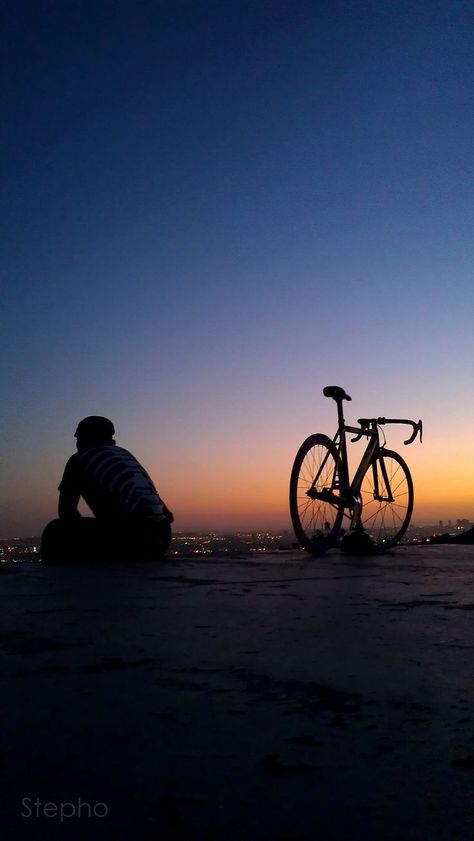 Bicycle Photography, Bike Riding Benefits, Biking Benefits, Cycling Photography, Bike Photography, Alone Photography, Bicycle Art, Orange Sky, Man Sitting