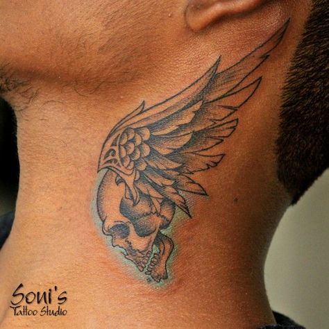 Skull Wing Tattoo, Wings Neck Tattoo Men, Angel Skull Tattoo, Skull And Wings Tattoo, Skull With Wings Tattoo, Skull Wings Tattoo, Owl Neck Tattoo, Wing Neck Tattoo, Bird Tattoo Neck