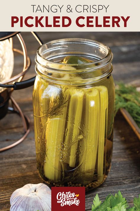 This quick pickled celery recipe adds a zesty, crunchy tang to your chopped salads, and is the ultimate wingman for your chicken wings. Customize the flavors with different herbs and spices, and serve it alongside your smoked or grilled meats. Do yourself a favor, spend 10 minutes, and make this quick pickled recipe. Celery Pickle Recipes, How To Pickle Vegetables Canning Recipes, Pickled Celery Sticks, Pickled Celery Recipe, Pickled Chayote Recipe, Claussen Pickle Recipe, Grilled Pickles, Pickled Veggies Recipe, Pickled Items