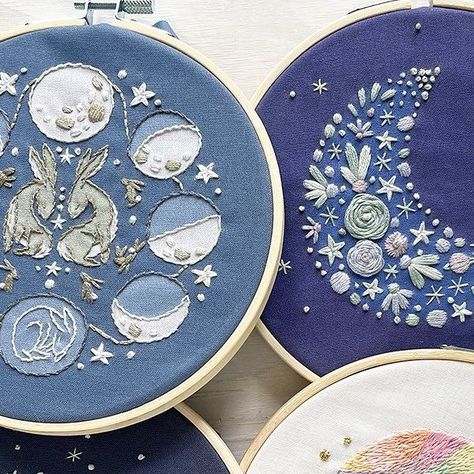 Aimee Ray on Instagram: "Celestial designs are some of my favorites! (yours too?) 🌒🌚🌘 I’m always thinking about new ones, what would you like to see in the starry skies ahead? ✨" Embroidery Sky, Celestial Embroidery, Embroidery Pillow, Starry Sky, My Favorites, Random Stuff, Stitching, Embroidery, On Instagram