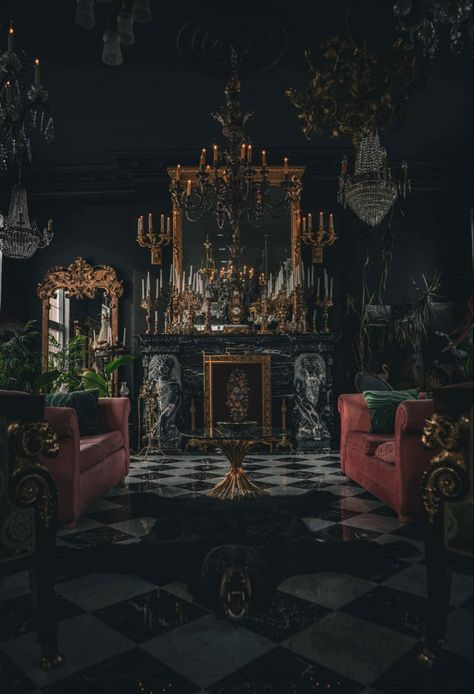 Moody Maximalist Living Room, Gothic Bohemian Decor, 1920s Speakeasy Aesthetic, Speakeasy Decor Bar, Gothic Revival Interior, Moody Maximalism, Gothic Bar, Moody Maximalist, Dark Homes