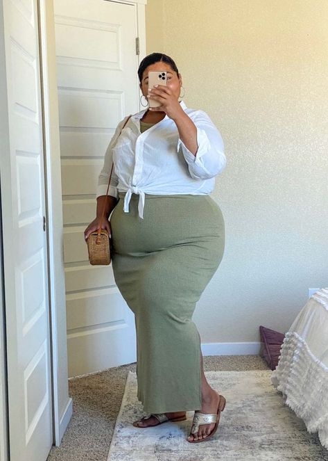 Espadrilles Outfit, Tan Outfit, Plus Size Baddie, Plus Size Baddie Outfits, Tie Front Shirt, Outfits For Summer, Outfit Options, How To Dress A Bed, Striped Midi Skirt