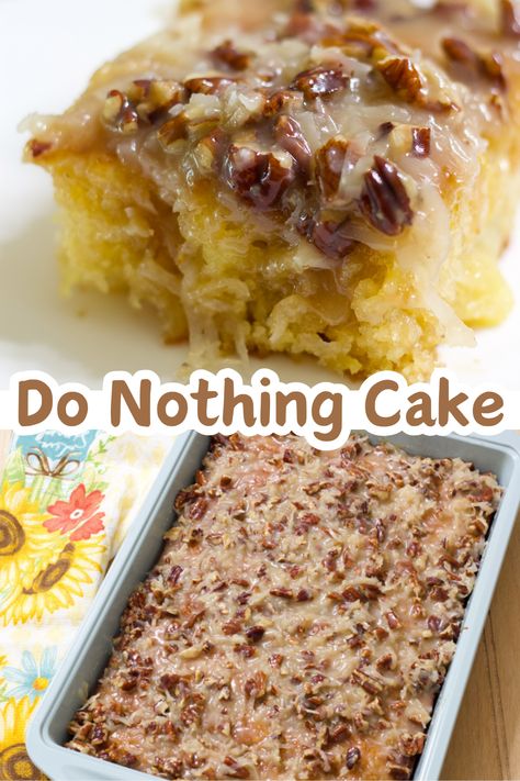 Do Nothing Cake is made from scratch using only 6 simple ingredients for the cake and 7 ingredients for the delicious coconut pecan topping. The cake is topped while it is still warm so you get to eat it almost right after it comes out of the oven. It is a different kind of poke cake that is easy and quick! Cakes With No Icing, Wasp Nest Cake, Peanut Butter Crumb Cake, Sticky Coconut Cake, Do Nothing Cake Recipe, Coconut Cake Mix Recipes, Pineapple Pecan Cake With Cream Cheese, Easy Baking Recipes Desserts 3 Ingredients Simple, Do Nothing Cake Recipe Simple