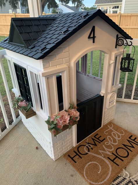 Playhouse With Kitchen, Playhouse Makeover For Dog, Fisher Price House Makeover, Diy Plastic Playhouse Makeover, Playhouse Outdoor Makeover, Diy Play House For Kids, Little Tikes Cape Cottage Makeover, Remodeled Playhouse, Playhouse Makeover Little Tikes