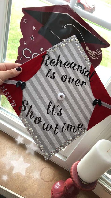 Graduation Cap Designs Acting, Musical Theatre Graduation Party, Highschool Musical Graduation Cap, Acting Graduation Cap, Music Graduation Cap Ideas, Grad Cap Ideas Musical Theatre, Musical Theater Graduation Cap, Theater Graduation Party Ideas, High School Musical Grad Cap