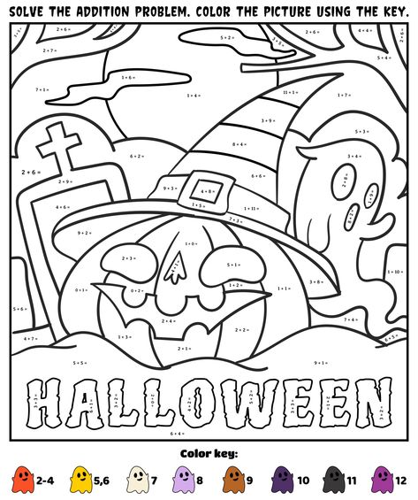 Math Halloween Craft, Kindergarten Worksheets Halloween, Halloween Math Activities Middle School, Color By Number Math Printable Free, Halloween Kindergarten Worksheets, Halloween Color By Number Free Printable, Color By Number Halloween, Halloween Worksheets Preschool, Halloween Worksheets For Kids