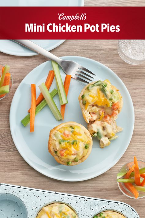 Mini Chicken Pot Pies are a great way to use up leftover chicken or turkey, and making them is so easy it's actually fun, especially in the Summer! Just press some biscuit dough into muffin-pan cups, then fill with a simple mixture of chicken and veggies in a creamy sauce made with cream of chicken soup. The Cream of Chicken Soup transforms the chicken and veggies into a savory pot pie filling in one step- so all you have to do is sprinkle some Cheddar cheese on top and bake until golden brown. Brown Cheese, Pillsbury Pie Crust, Chicken Pot Pies, Mini Chicken Pot Pies, Cheese Bake, Easy Freezer Meals, Pot Pies, Pot Pies Recipes, Cooking Spray