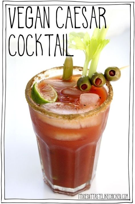 Vegan Caesar - it doesn't taste like chicken Caesar Drink, Jar Of Olives, Caesar Cocktail, Vegan Beverages, Vegan Cocktails, Vegan Bbq Recipes, Vegan Drinks Recipes, Olive Brine, Vegan Caesar