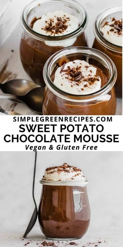 Above: 3 jars with mousse topped with whipped cream. Below: jar of mousse topped with cream, and a spoon next to it. Calorie Free Dessert, Healthy Gut Friendly Desserts, Low Fat Chocolate Mousse, Low Calorie Vegan Dessert Recipes, Low Fat Gluten Free Desserts, Sweet Potato Chocolate Mousse, Low Fat Chocolate Desserts, Healthy Low Fat Desserts, Sweet Potato Mousse