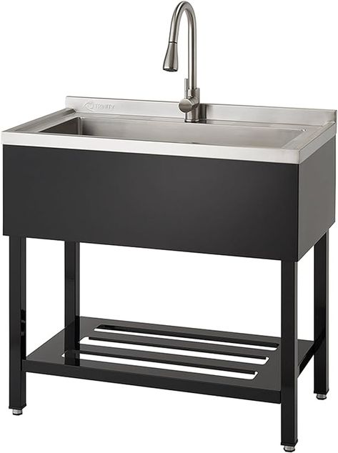 TRINITY THAPBK-0323 Stainless Steel Freestanding Single Bowl Utility Sink for Garage, Laundry Room, and Commercial Use, Includes Pull-Out Faucet, NSF Certified, 36" x 20" x 49", Black - Amazon.com Laundry Room Utility Sink, Garage Sink, Utility Room Sinks, Stainless Steel Utility Sink, Garage Laundry Rooms, Garage Laundry Room, Kitchen Sink Cabinet, Kitchen Fixture, Garage Laundry