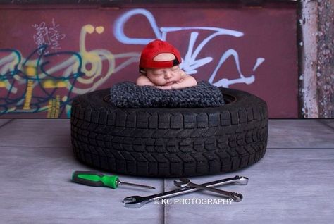 Mechanic Baby Photoshoot, Newborn Pictures Baby Boy, Baby Mechanic, Racing Baby, Month Pictures, Box Pictures, Baby Boy Newborn Pictures, Foto Newborn, Newborn Photography Boy