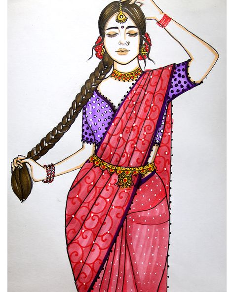 Amazing Drawing Technique of how to draw and color a Traditional Girl with Saree | girl drawing,#girlDrawing #drawing #pencilsketch Saree Drawing Sketches, Traditional Girl Drawing, Saree Drawing, Women In Saree, Drawing Still Life, Kawaii Girl Drawings, Traditional Girl, How To Draw Braids, Aari Design