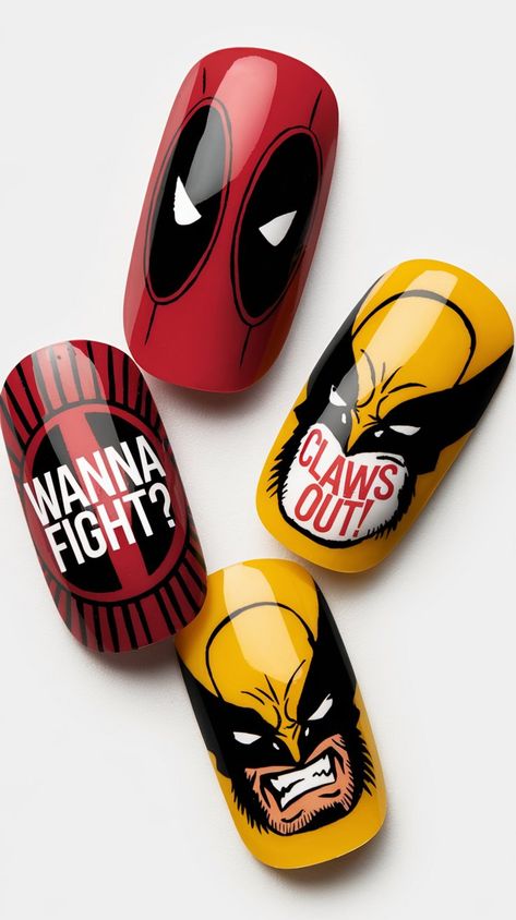 Elevate your nail game with this eye-catching acrylic set inspired by the ultimate Marvel duo, Deadpool and Wolverine! Featuring bold red and black hues, playful graphics of Deadpool’s mask, and Wolverine’s iconic claws, these nails are perfect for any comic book lover. Each fingertip tells a story, blending fierce attitude with artistic flair. Show off your super style and let your nails do the talking! #NailGoals #MarvelStyle #AcrylicNailArt Deadpool And Wolverine Nails, Harley Quinn Nails Designs, Deadpool Nails, Cosplay Claws, Wolverine Nails, Deadpool Symbol, Deadpool Unicorn, Marvel Nails, Playful Graphics