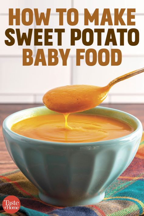 Sweet Potato Puree Baby Stage 1, Baby Food Sweet Potato Recipe, Sweet Potato Baby Food Recipe, Sweet Potato Puree Baby, Sweet Potatoes For Baby, Homemade Baby Snacks, Baby Food Recipes Stage 1, Food For Children, Sweet Potato Baby Food