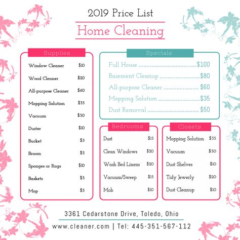 Cleaning Pricing List, Housekeeping Price List, House Cleaning Flyers Ideas, Cleaning Company Price List, House Cleaner Price List, Professional House Cleaning Price List, Cleaning Service Prices List, Cleaning Price List Free Printable, House Cleaning Services Prices