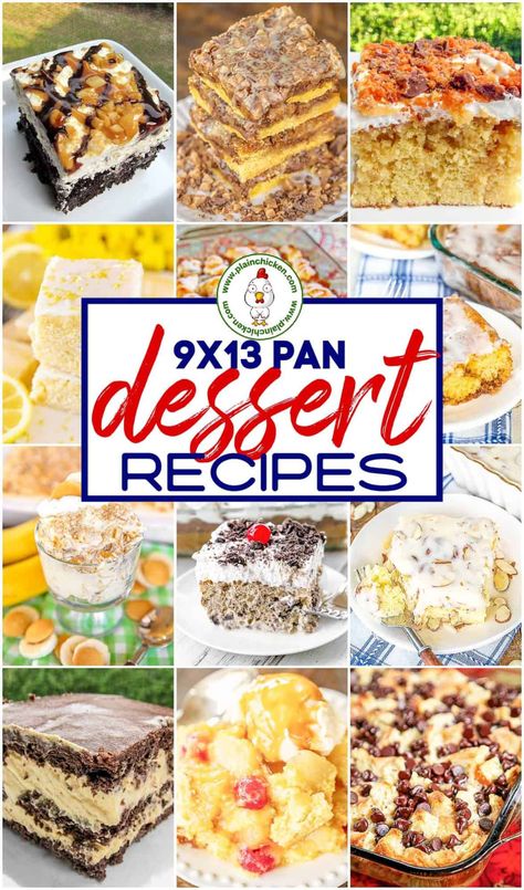 Easy 9x13 Dessert Recipes - 15 of our most popular dessert recipes that are made in a 9x13-inch pan. All of the recipes can be made in advance and refrigerated or stored overnight. Great for parties, potlucks, tailgating, and the holidays! Save this post! You are going to want to make all of these delicious recipes! #dessert #cake #cheesecake #pecans Family Reunion Desserts Easy Recipes, Cheap Cakes To Make, Overnight Dessert Recipes, Dessert For Group Parties, Easy 9 X 13 Cake Recipes, Potluck Deserts Easy, Non Refrigerated Desserts For A Crowd, 13 X 9 Desserts, Quick Birthday Desserts