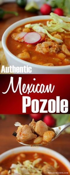 Authentic Mexican Red Pozole | Kitchen Cents . . . This Mexican Pozole is a fiery red soup filled with chiles, pork, chicken, and hominy corn.  A cold-weather favorite with strong Mexican flavors! Authentic Posole Recipe Pork, Authentic Posole Recipe, Pozole Recipe Pork, Posole Recipe Chicken, Pozole Soup, Red Pozole, Mexican Pozole, Hominy Recipes, Nutritious Soup