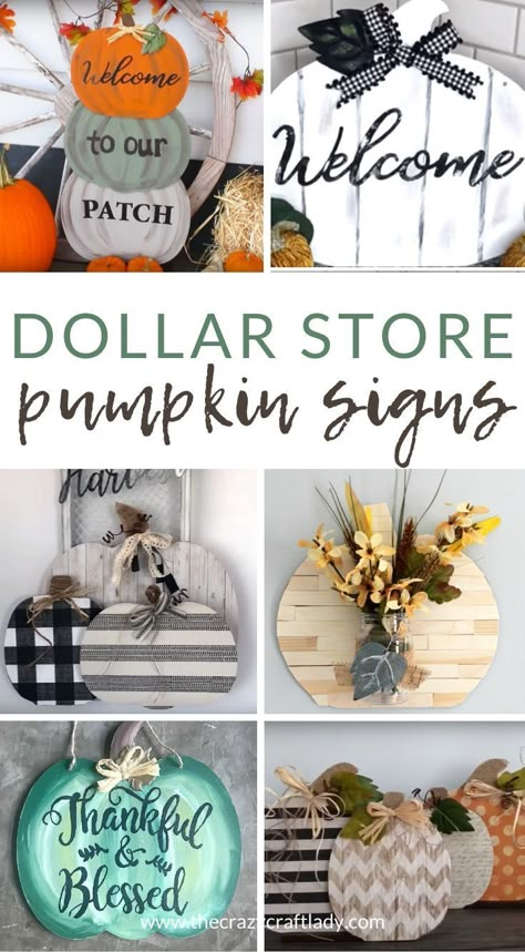 Dollar Store Pumpkin Signs and Door Hanger Crafts - The Crazy Craft LadyCompletely transform dollar store pumpkin door hangers and signs into custom DIY fall decor. Dollar Store Pumpkin, Pumpkin Signs, Fall Decor Dollar Tree, Hanger Crafts, Dollar Tree Fall, Pumpkin Door Hanger, Games Diy, Masks Diy, Pumpkin Door