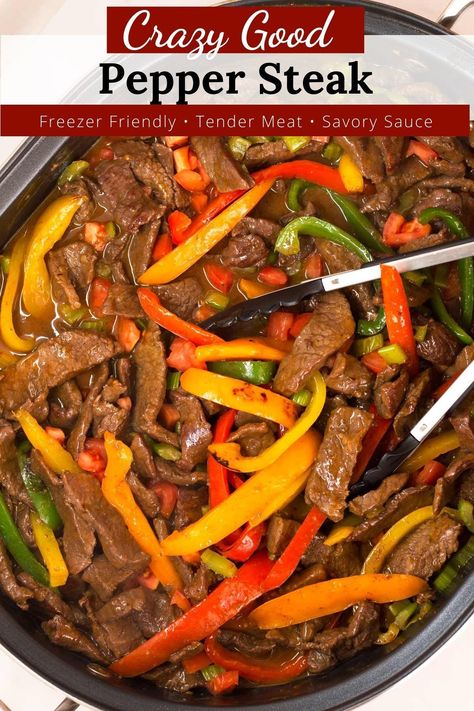 This crazy good Pepper Steak is the perfect combination of tender meat, colorful bell peppers, and fresh tomatoes dripping in a savory asian-inspired sauce. Serve over rice for a healthy AND delicious stir-fry dinner! Steak Over Rice, Easy Pepper Steak Recipe, Green Pepper Steak, Pepper Steak And Rice, Tenderized Round Steak, Tender Flank Steak, Steak And Broccoli, Round Steak Recipes, Steak And Rice