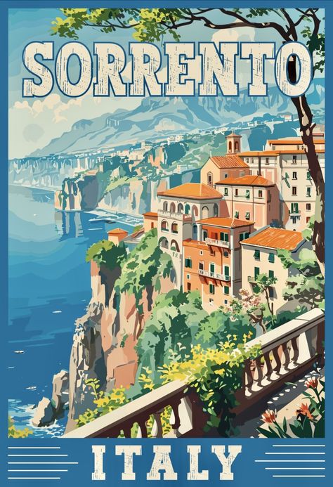 Amalfi Illustration, Sorrento Poster, Italy Sorrento, Sorrento Italia, Italy Coast, Vintage Italian Posters, Italy Art Print, Italian Travel, Italian Posters