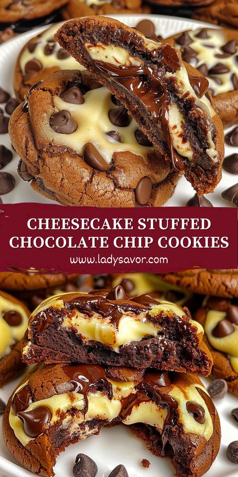 Fancy Chocolate Chip Cookies, Cheesecake Stuffed Chocolate Chip Cookie, Lemon Cheesecake Cookies, Cheesecake Stuffed Cookies, People Baking, Yummy Cookie Recipes, Unique Cookie Recipes, Stuffed Chocolate Chip Cookies, Gourmet Cookie