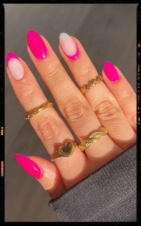 Hot Pink French Tip & Reverse French Barbie French Manicure, Pink Reverse French Nails, French Tip Nails Hot Pink, Reverse French Tip Nails, Coloured French Tip Nails, Hot Pink French Tip, Reverse French Nails, Raspberry Nails, Ongles Gel French