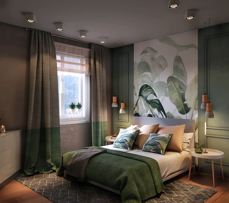 Tropical Bedrooms, Wallpaper Interior Design, Modern Bedroom Interior, Bedroom Bed Design, Bedroom Furniture Design, Modern Bedroom Design, Green Rooms, Master Bedrooms Decor, Home Room Design