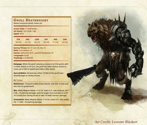 UnlimitedHomebrew on Twitter: "The Gnoll Deathknight is kinda freaky lookin. #DnD #Homebrew #monsters… " Gnoll Pack Lord, Knoll Dnd, D D 5e Homebrew, Dnd Enemies, Homebrew Monsters, 5e Monsters, Dnd Stats, Dnd Monster, Dnd Creatures