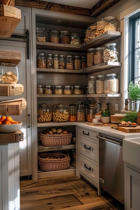 Farmhouse Kitchen Pantry Ideas - Quiet Minimal Boho Pantry Ideas, Skullery Ideas, Home Pantry Design, Pantry Mudroom Combo, Mediterranean Pantry, Farmstead Kitchen, Pantry Designs, Stylish Farmhouse, Rustic Pantry