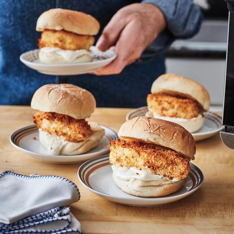 Air-Fryer Crispy Fish Fillet Sandwiches Recipe | Epicurious Fish Sandwich Air Fryer, Fish Fillet Sandwich, Fried Fish Sandwich, Seafood Sandwiches, Fish Sandwiches, Crispy Fish, Air Fryer Fish, Cooks Air Fryer, Fish Sandwich