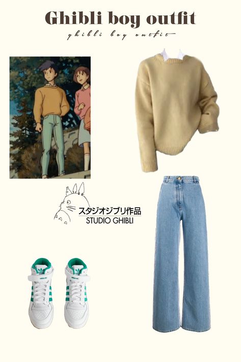 Sweater, blue jeans, white sneakers Ghibli Inspired Outfits Men, Studio Ghibli Outfits Men, Studio Ghibli Clothes Aesthetic, Ghibli Aesthetic Clothes, Ghibli Outfits Men, Studio Ghibli Inspired Outfits, Studio Ghibli Men, Yellow Casual Outfit, Ghibli Inspired Outfits