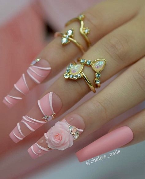 Quinceanera Nails, Fancy Nails Designs, Nails Design With Rhinestones, Nails Salon, Inspired Nails, Nails Fashion, Pretty Nail Art Designs, 3d Rose, Luxury Nails