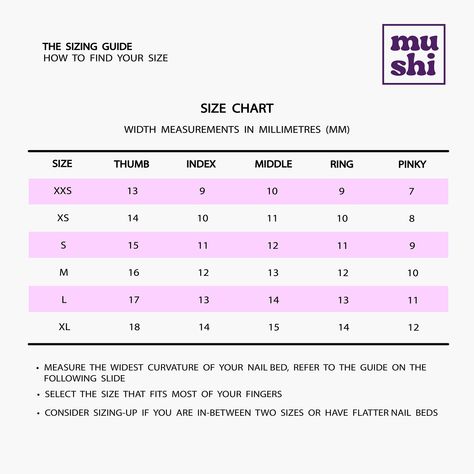 The Ultimate Sizing Guide💅🏻✨ Did you know that our nails come in 6 different sizes XXS XS S M L XL varying in widths? Follow the guide to find the perfect fit for you! If you are unsure about sizing, feel free to DM us or email us at mushi.nailstudio@gmail.com #mushi #mushinailstudio #mushinails #nails #nailsart #pressonnails #press #pressons #pressonnailsforsale #presson #indianails #india #indiapictures #indiannailartist #pressonnailset Press On Sizing Chart, Press On Nail Measurement Chart, Press On Nails Measurements Chart, Press On Nails Standard Size, How To Measure Nail Size For Press On Nails, Nail Bed, Nail Studio, Nail Sizes, Us Nails