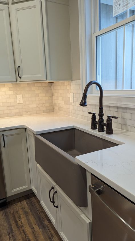 Blanco Truffle colored composite sink paired with Moen Bridge style faucet in Bronze. What Color Goes With Brown, Fancy Farmhouse, Sink And Faucet, Composite Sink, Faucet, Decorating Ideas, Bridge, Farmhouse, Color