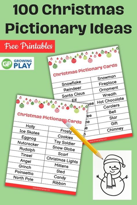 Christmas Pictionary Printable Game - Free 100 Word List - Growing Play Pictionary Words List Printables Adults, Christmas Pictionary For Kids, Winter Pictionary For Kids, Pictionary For Kids, Pictionary Christmas Free Printable, Pictionary Word List, Christmas Song Pictionary, Christmas Charades Game, Pictionary Words