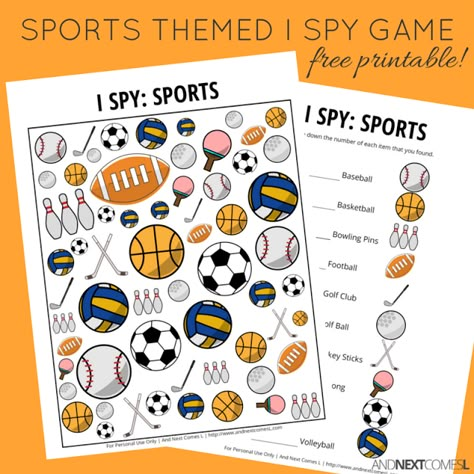 Sports Themed I Spy Game {Free Printable for Kids} | And Next Comes L Sport For Kids, Sport Themed Crafts, Spy Games For Kids, Sports Activities For Kids, Sports Theme Classroom, Sports Crafts, Printable Sports, I Spy Games, Spy Games