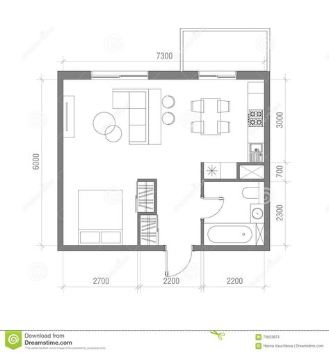 Architectural Floor Plan With Dimensions. Studio Apartment Vector Illustration. Top View Furniture Set. Living Room, Kitchen, Bath Stock Illustration - Illustration of plan, color: 75623873 Studio Apartment Plan, Small Apartment Floor Plans, Studio Apartment Kitchen, Small Apartment Layout, Small Apartment Plans, Studio Apartment Floor Plans, Floor Plan With Dimensions, Small House Blueprints, Studio Floor Plans