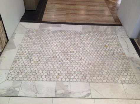 love this inset mosaic tile - would be great for a hallway/entryway Octagon Tile Floor, Dinning Room Flooring, Mosaic Entryway, Entryway Tile Floor, Entrance Tiles, Tile Entryway, Victorian Remodel, Shower Flooring, Penny Tile Backsplash