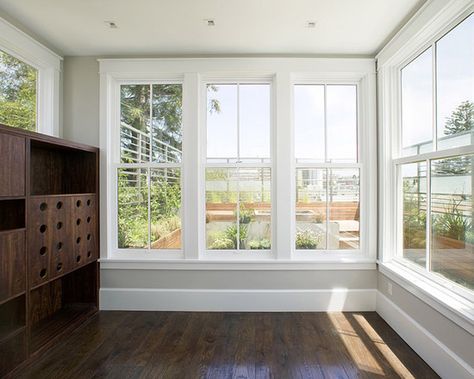 window casing and trim Triple Window, Wood Baseboard, Baseboard Styles, Interior Window Trim, Baseboard Trim, Trim Ideas, Victorian Townhouse, Window Molding, White Windows