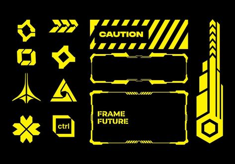 HUD futuristic frame border elements pack caution yellow line cyber sci-fi, icon symbol cyberpunk Cyberpunk Pattern Design, Hud Elements Interface Design, Sci Fi Decals, Sci Fi Stickers, Sci Fi Elements, Sci Fi Logo Design, Cyberpunk Symbol, Sci Fi Pattern, Cyberpunk Symbols