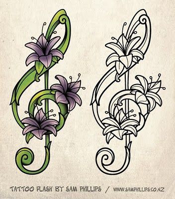 i like the flowers...not the treble clef lol Treble Clef Tattoo, Music Notes Drawing, Sam Phillips, Music Notes Tattoo, Music Note Tattoo, Music Flower, Note Tattoo, Beach Tattoo, Doodle Tattoo