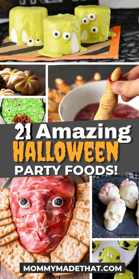 Halloween Finger Appetizers, Funny Halloween Food Ideas, Party Finger Foods Halloween, Fun Halloween Potluck Ideas, Appetizers Halloween Party, Friday The 13 Food Ideas, Spooky Halloween Foods For Party, Sweet Treats For Halloween Party, Slasher Movie Party Food