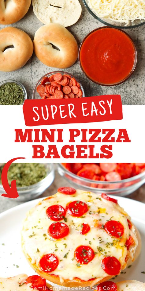 Mini Bagels, pizza sauce and your favorite pizza toppings come together to make these super easy Mini Pizza Bagels! These are perfect for lunch and a kid favorite! Mini Pizza Bagels In Oven, Mini Pizza Bagels, Mini Bagel Pizza, Bagel Pizzas, Tailgating Snacks, Bagel Pizza Recipe, Bagel Pizza, Bagels Recipe, Tailgate Snacks