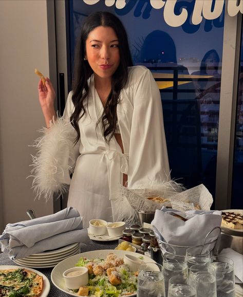 bach night 1 was a pajama party in the suite! We wore silky feather robes, ordered room service, played games, opened gifts & had tons of champagne 🍾 . . . . Bachelorette party, pajama party, Miami bachelorette party, bride to be, bride outfits, bride aesthetic #bridetobe #bachelorette #bacheloretteparty #miamibachelorette #pajamaparty #featherrobe #brideoutfits #miamibride #brideaesthetic Bachelorette Lingerie Party, Lingerie Bachelorette, Bride Aesthetic, Miami Bachelorette, Miami Bachelorette Party, Bride Outfits, Bachelorette Party Bride, Lingerie Party, Pajama Party