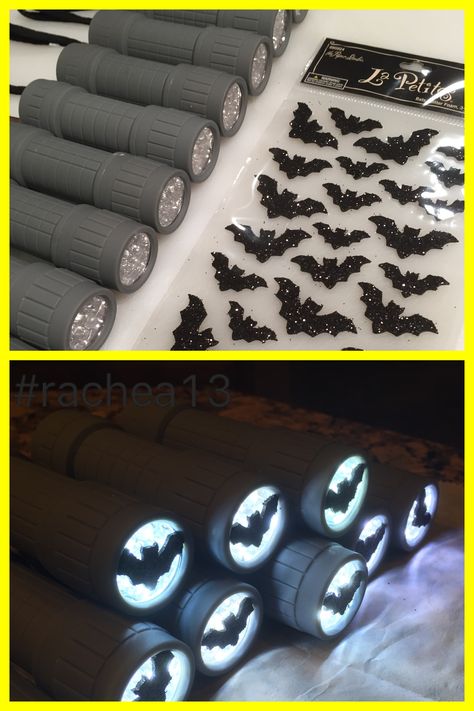 $0.97 flashlights + clearance Halloween bat stickers = Batsignals. (For Maverick's Lego Batman Party) Batgirl Party, Batman Party Supplies, Batman Themed Birthday Party, Lego Batman Birthday, Batman Theme, Batman Birthday Party, Batman Party, Batman Birthday, Lego Birthday