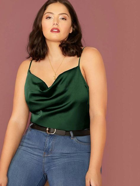 Plus Draped Neck Satin Cami Top | SHEIN USA Plus Size Y2k, Plus Zise, Satin Cami Top, Look Plus Size, Satin Cami, Plus Size Tank Tops, Plus Size Top, Sleeveless Crop Top, Green Satin