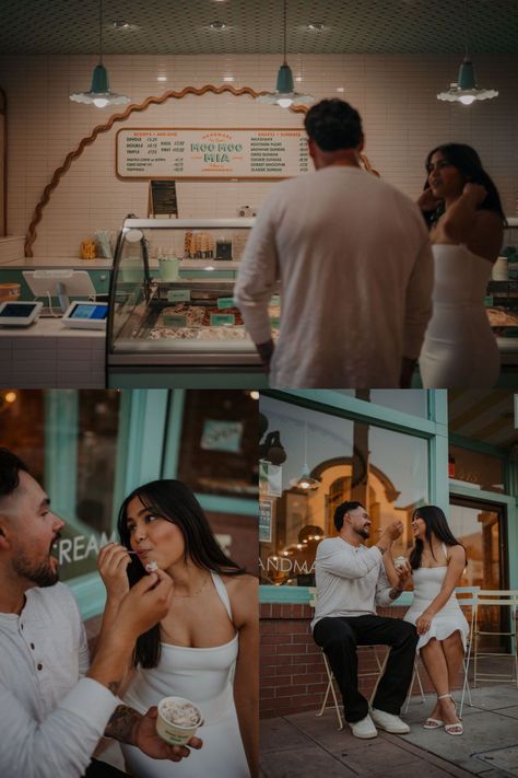 We had so much fun capturing these two while they wandered around downtown Monrovia and ended the day with ice cream date engagement photos! We love getting creative with fun engagement shoot ideas with our couples, especially when it’s a meaningful idea or place for them! See fun unique engagement photos, fun engagement ideas, fun engagement photoshoot, engagement pictures with ice cream and ice cream shop engagement shoot. Book us for your adventure engagement photos at allyandandre.com! Date Engagement Photos, Engagement Photo Places, Photoshoot Ideas Couples Fun, Creative Photoshoot Ideas For Couples, Ice Cream Maternity Photoshoot, Couple Fun Photoshoot, Ice Cream Shop Photoshoot, Engagement Photos Theme, Urban Engagement Photoshoot