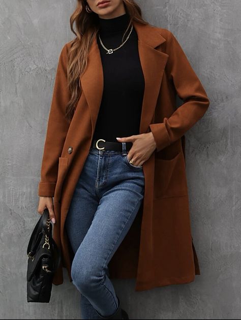 Double Breasted Coat Women, Jacket Outfit Women, Types Of Coats, Women Coats, Belted Coat, Modest Fashion Outfits, Double Breasted Coat, Lapel Collar, Jacket Outfits